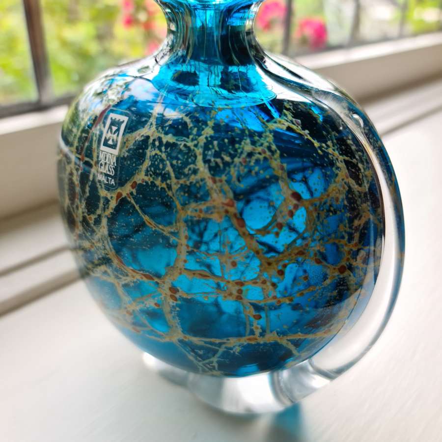 Mdina Glass ‘Crystal Blue’ Side Stripe Vase