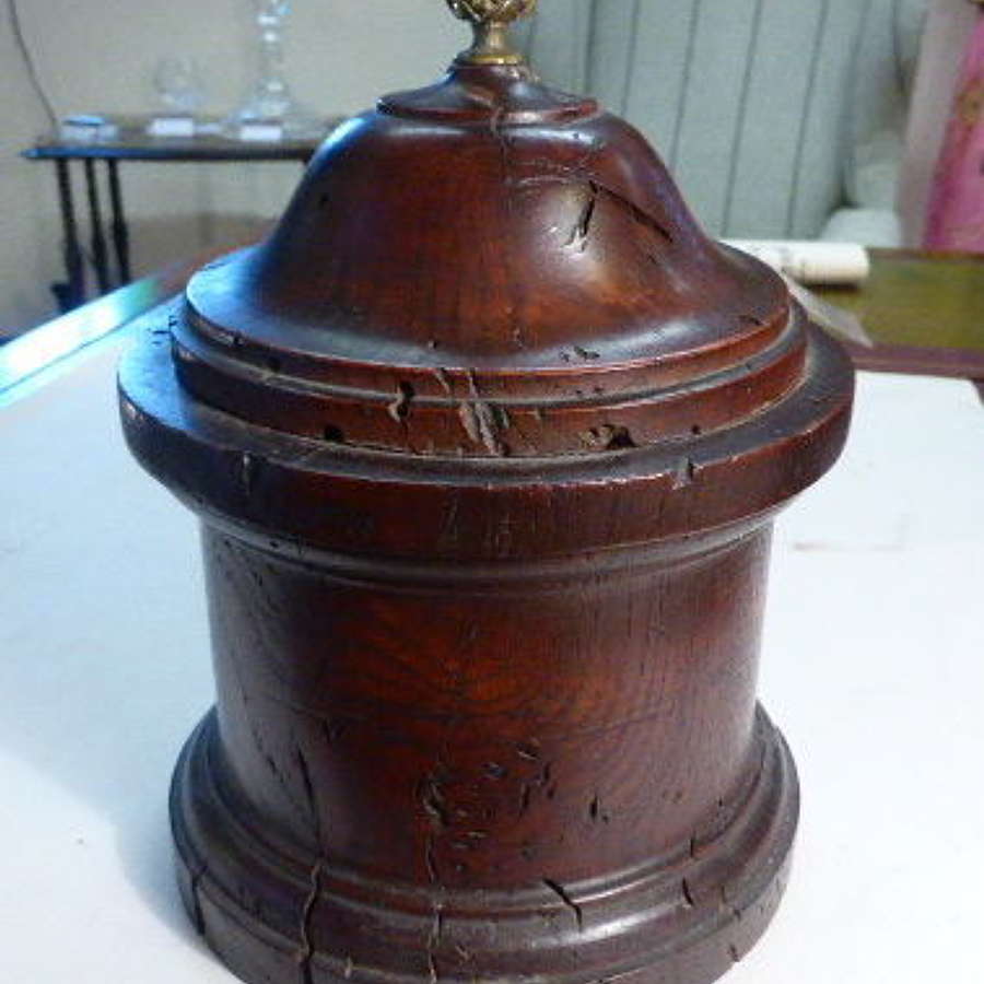 Small Round Oak Jar with Brass Finial.  18th c.