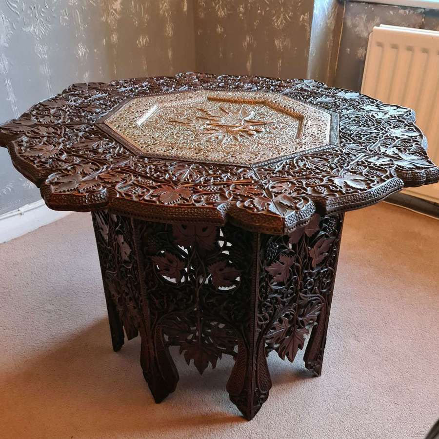 Beautifully carved Anglo-Indian Hardwood Table with Copper Insert