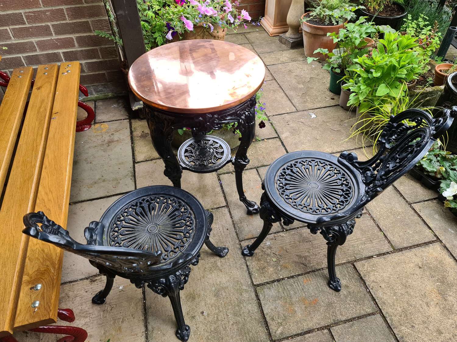 Cast-iron Garden Table with Copper Top and Garden Chairs