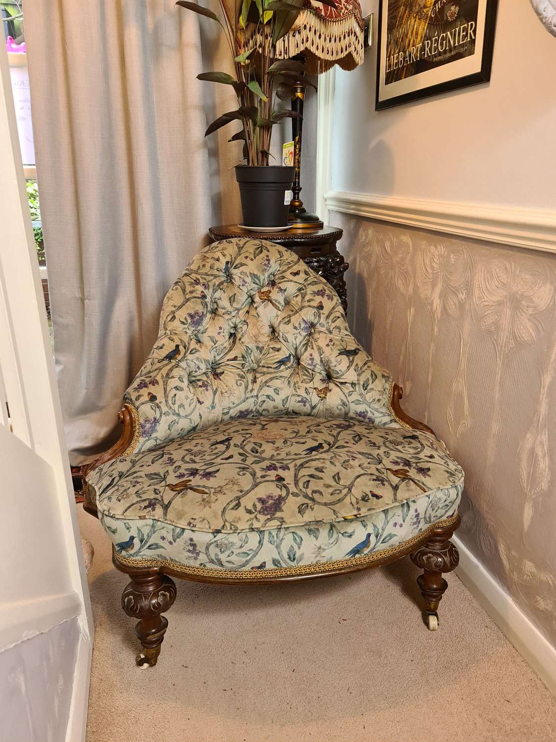 Unusual 19th Century Upholstered Corner Seat or Boudoir Chair
