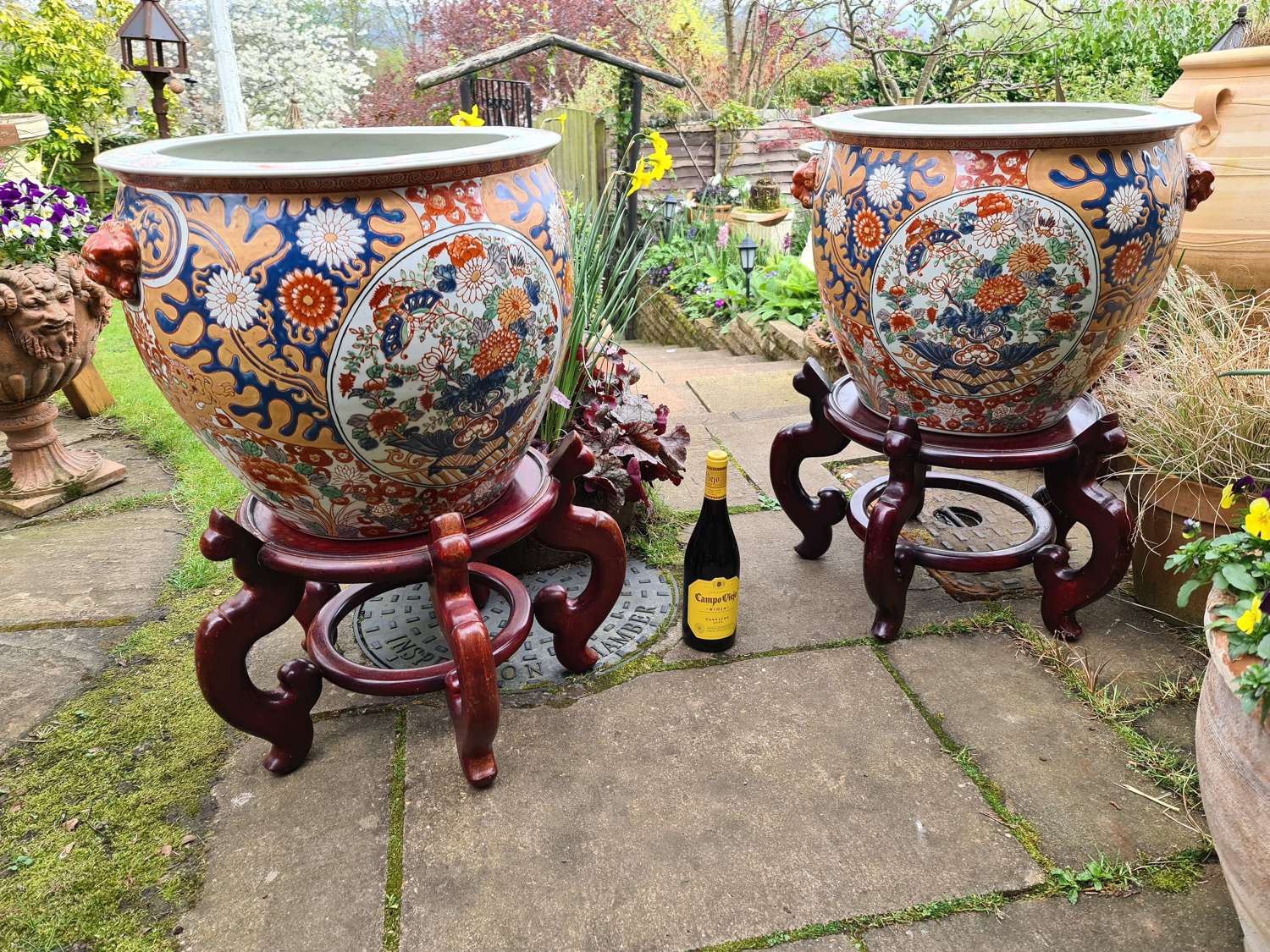 Huge pair of Chinese Fish Bowl Jardinieres on Stands