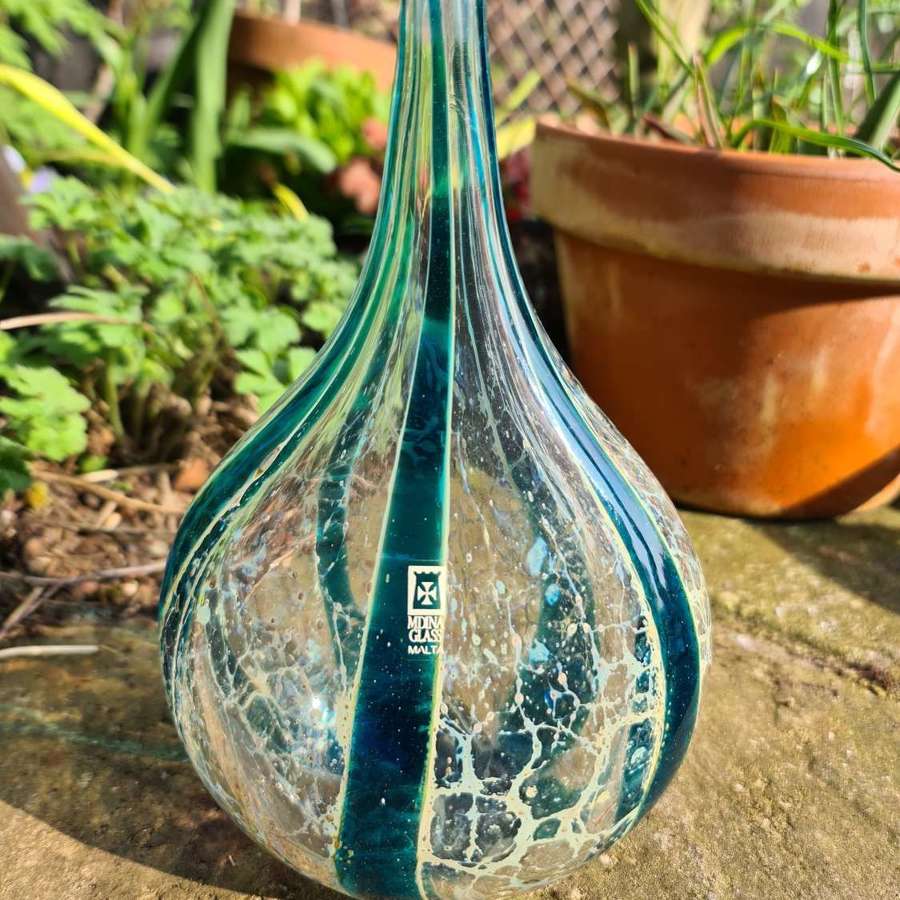 Beautiful Mdina Glass 'Crystal Blue Stripe' Lollipop Vase