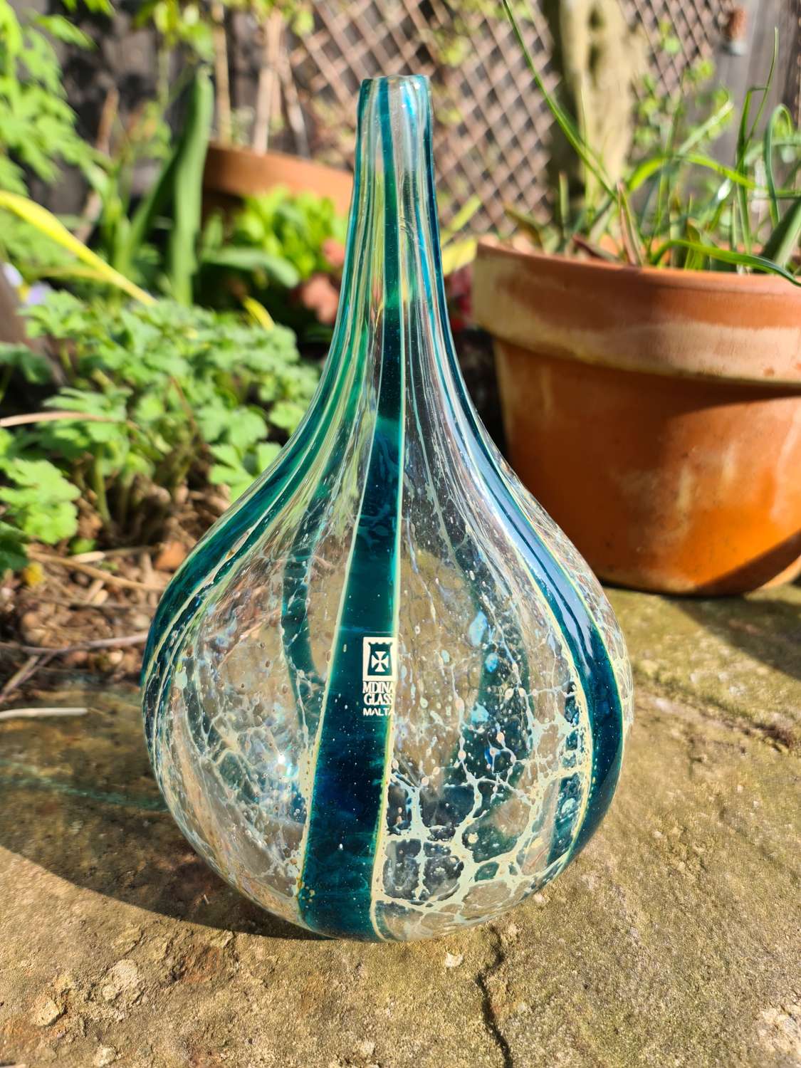 Beautiful Mdina Glass 'Crystal Blue Stripe' Lollipop Vase