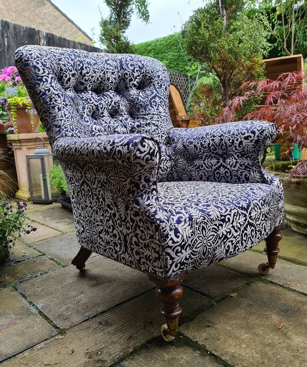 ENGLISH 19th Century Button Back Armchair, new Upholstery
