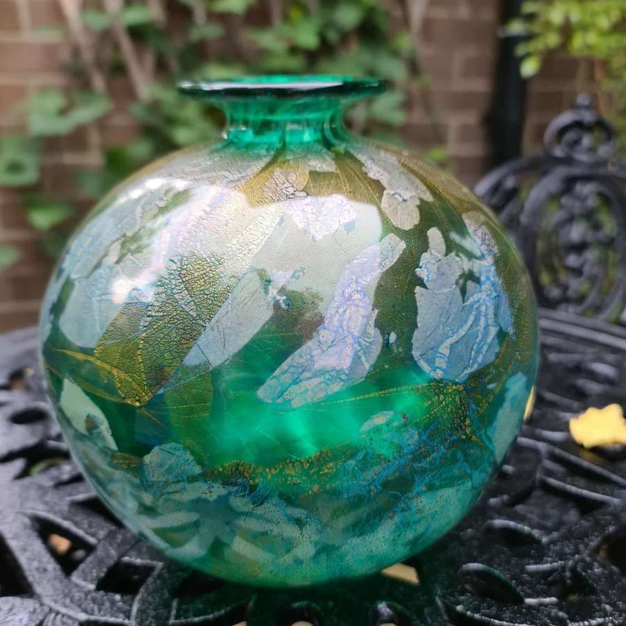A Beautiful Green ‘Azurine’ ‘Globe’  Isle of Wight Glass Vase