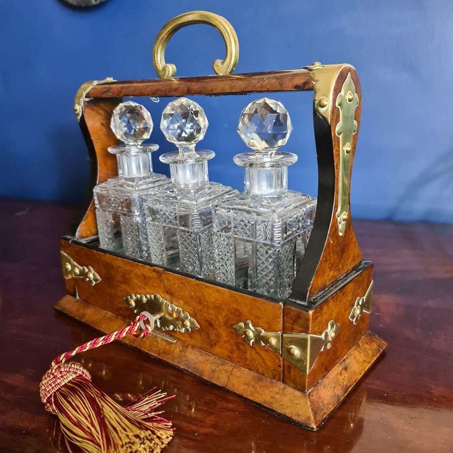 Late Victorian Miniature  burr Walnut and Brass Tantalus c1900