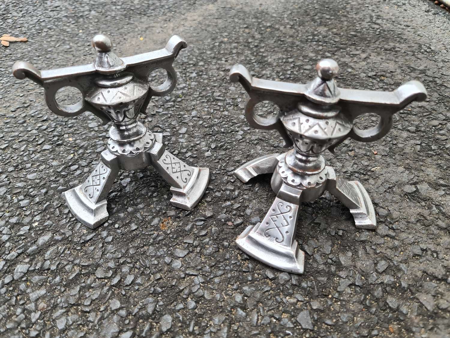 Unusual and neat Pair of Steel Fire Dogs