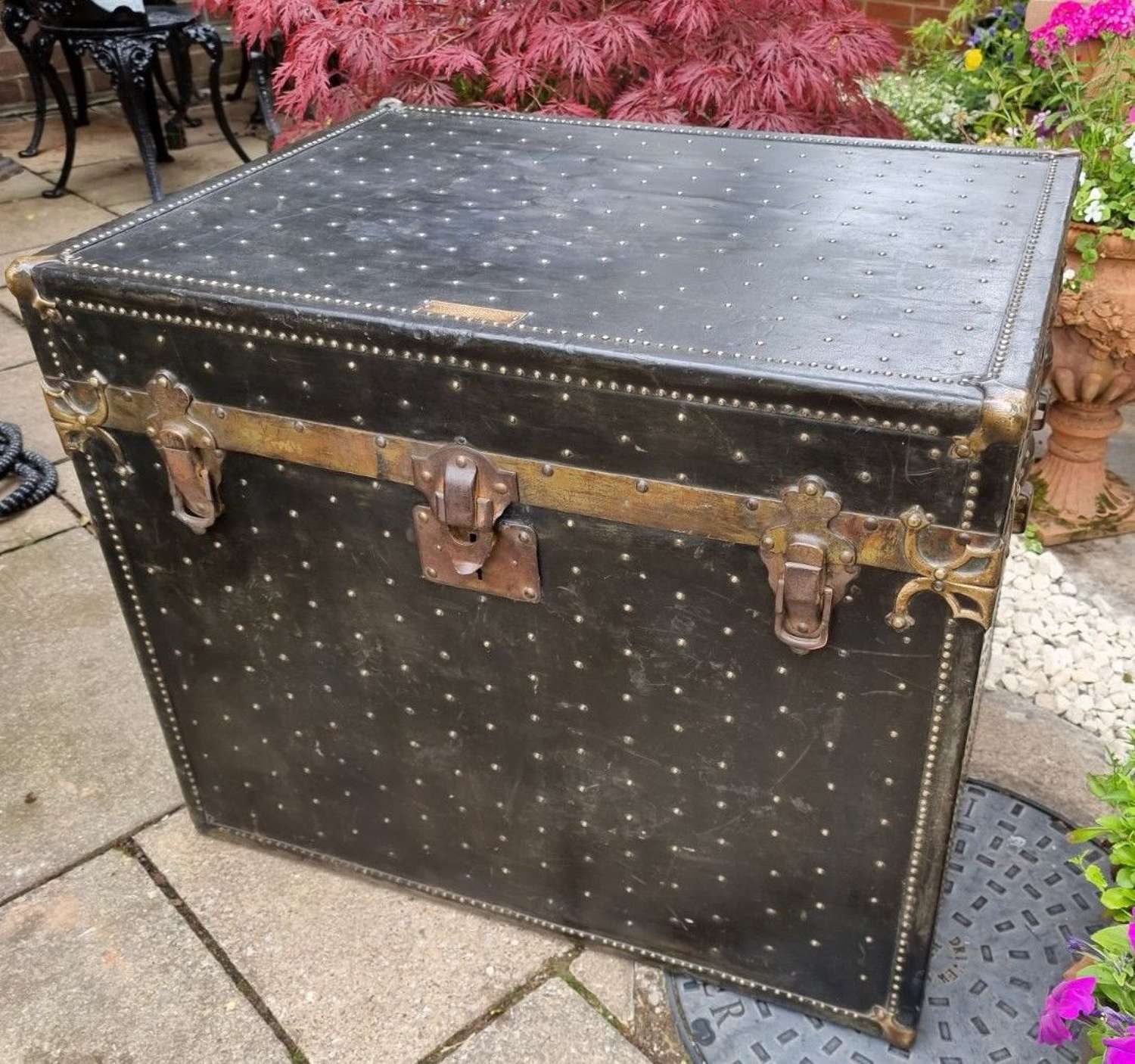 Handsome Large Leather Studded American Cabin Trunk