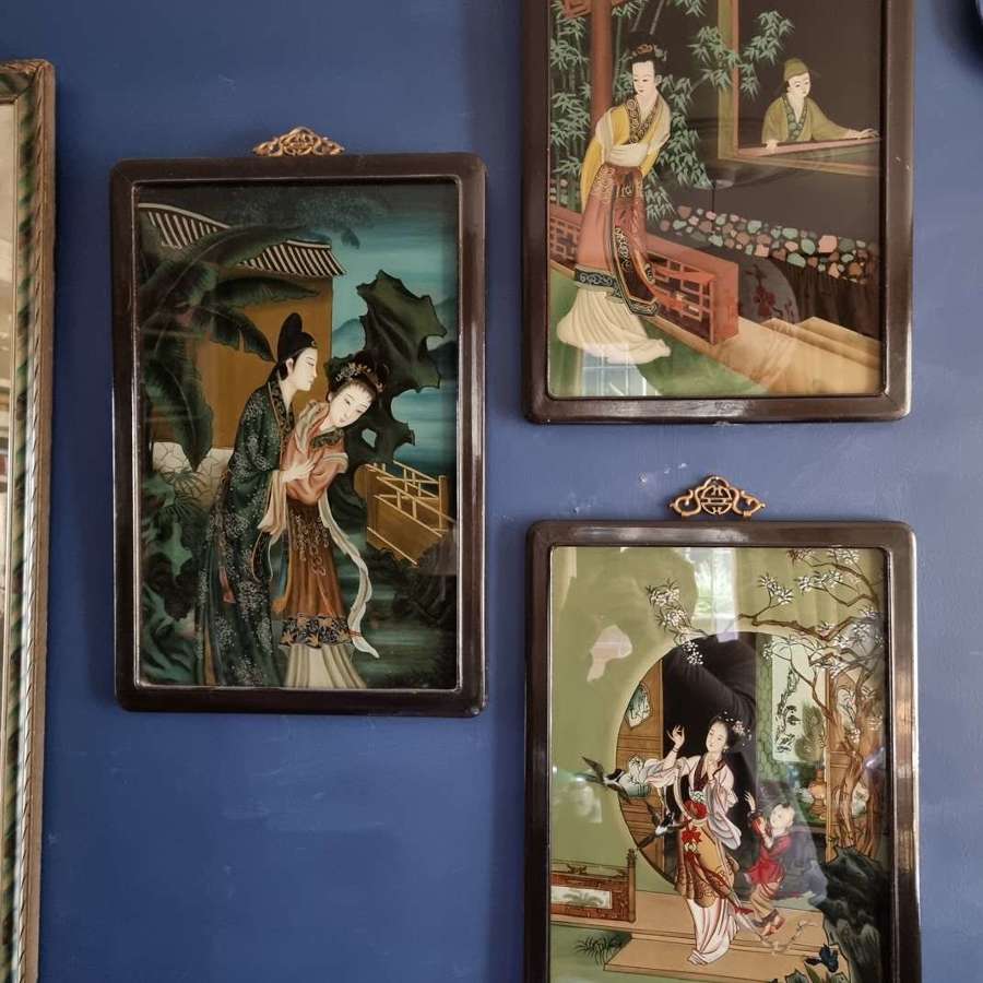 Set of Three Chinese Reverse Paintings on Glass