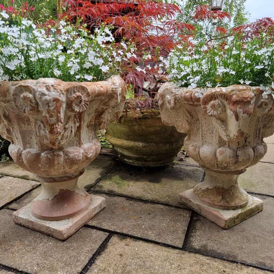 Pair Of Heavy 19th Century Terracotta Rams Head Urns
