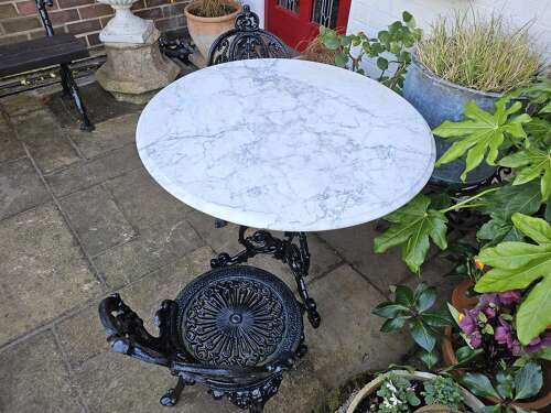 Cast-iron Bistro Table, beautiful large Marble Top, 2 Heavy Cast-iron Chairs
